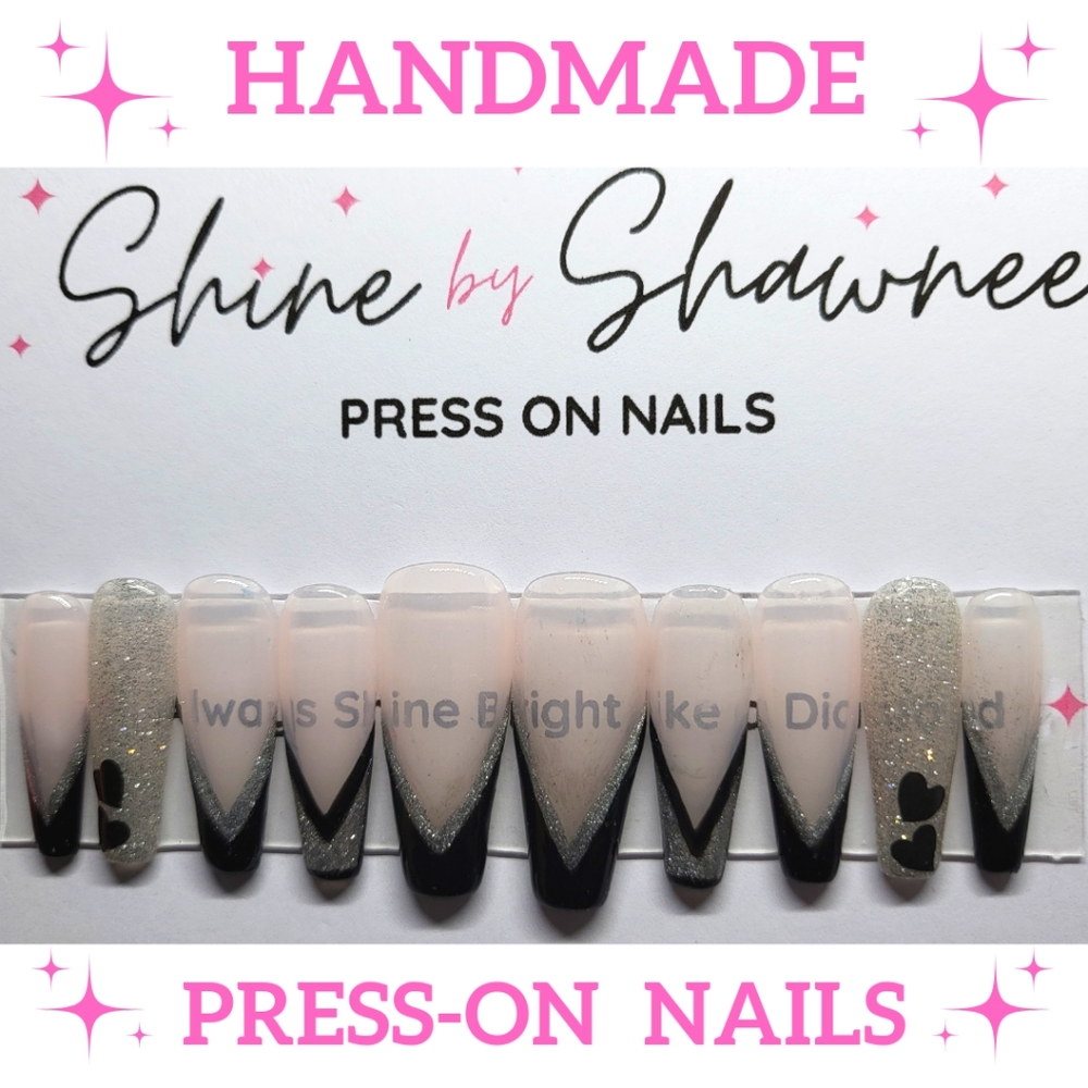 Handmade Luxury Press-On Nails | Sturdy & Reusable | BLACK N SILVER FRENCHIE